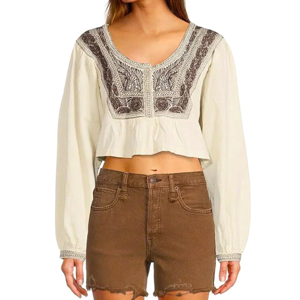 New FREE PEOPLE Iggie Cream Brown Crop Top Embroidered Scoop Neck Balloon Sleeve